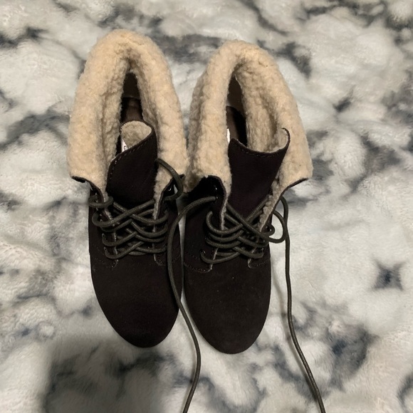 Naughty Monkey Brown Suede Leather Lace Up Ultra High Wedge Heel Ankle - Picture 3 of 7